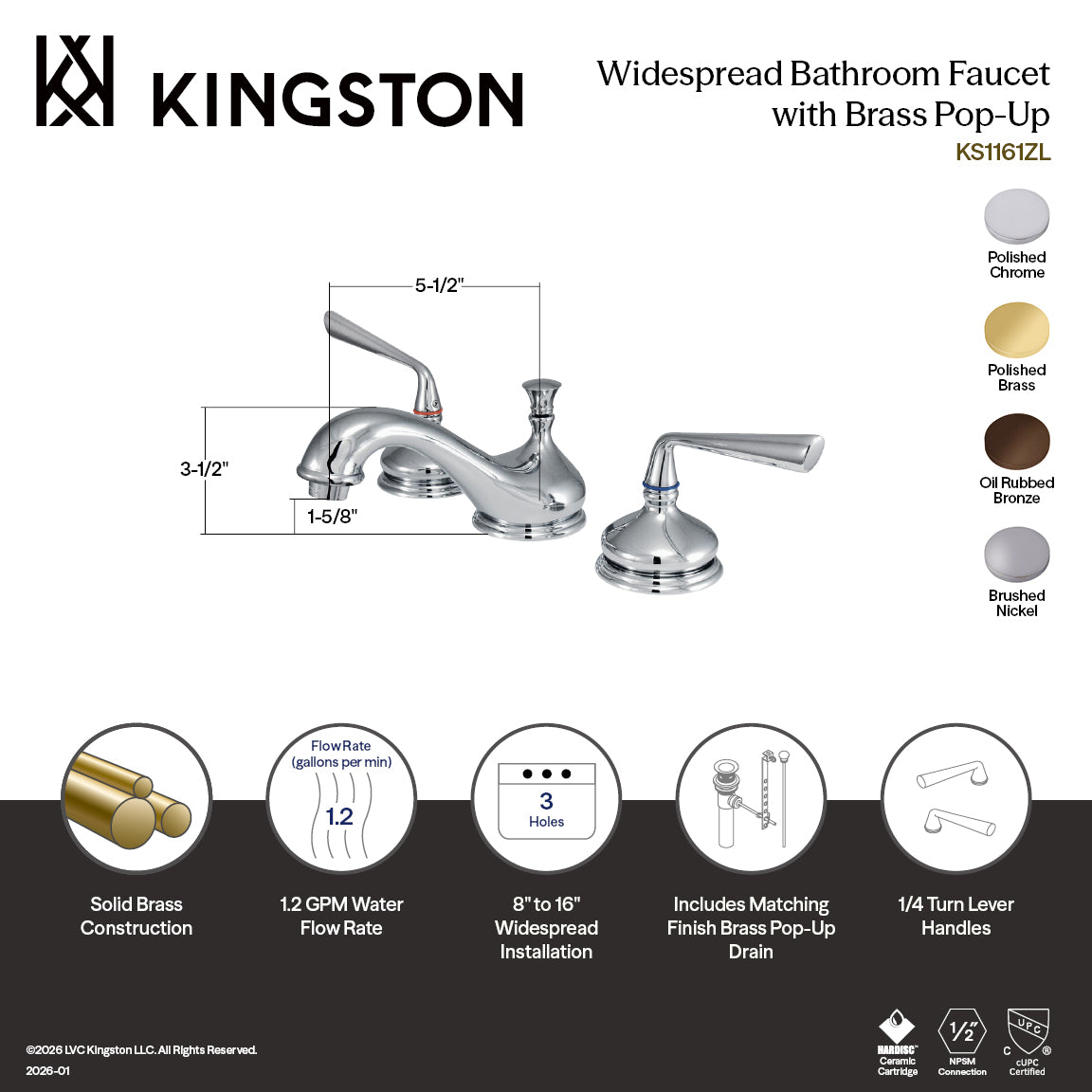Kingston Tulare KS1161ZL - Silver Sage Two-Handle 3-Hole Deck Mount Widespread Bathroom Faucet with Brass Pop-Up, Polished Chrome — image 1